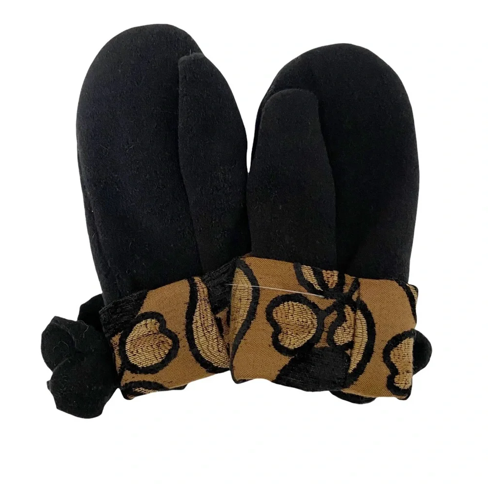 Rennie & Rose Womens Black Fleece Jacquard Trim Rosette Appliqué Mittens NEW